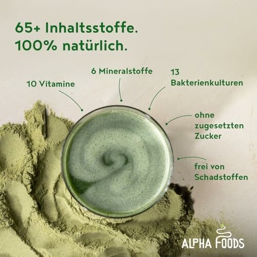 Grünes Getränk mit Inhaltsstoffen und Alpha Foods Logo