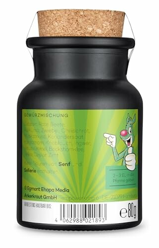 Schwarze Glasflasche mit Korken, enthält Gewürzmischung