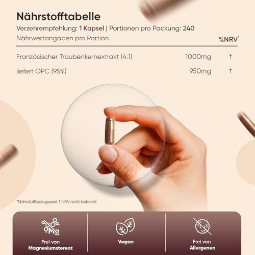 Hand hält eine Kapsel mit Nährstofftabelle für Traubenkernextrakt.