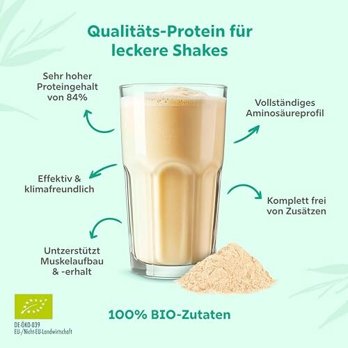 Glas mit Proteinshake und Proteinpulver daneben.